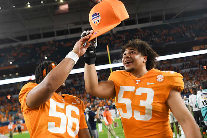 Tennessee Volunteers OL Jeremiah Crawford after the 2022 Orange Bowl victory. (Photo by Caitie McMekin of the News Sentinel)